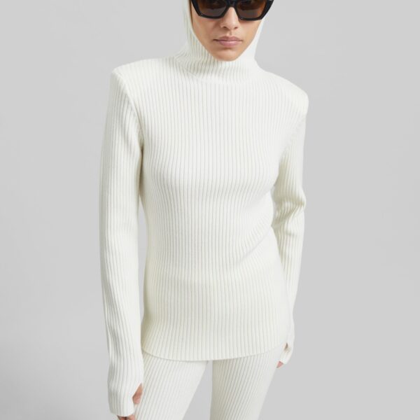 The Frankie Shop Larice Hooded Knit Top - White - Oversized Minimalist Knitwear in White - Shop at Coveti