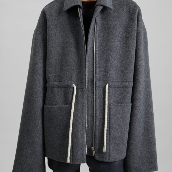 The Frankie Shop Lemvig Wool Drawstring Jacket - Grey - Oversized Minimalist Jackets in Grey - Shop at Coveti