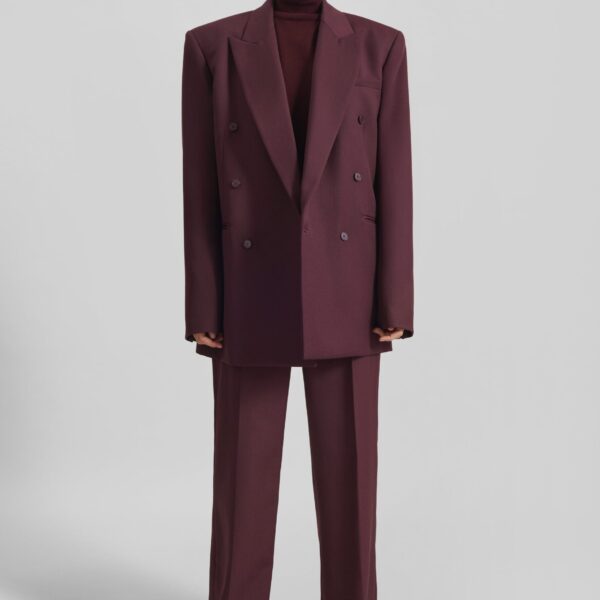 The Frankie Shop Lenora Wool Straight Trousers - Burgundy - Oversized Minimalist Pants in Red - Shop at Coveti