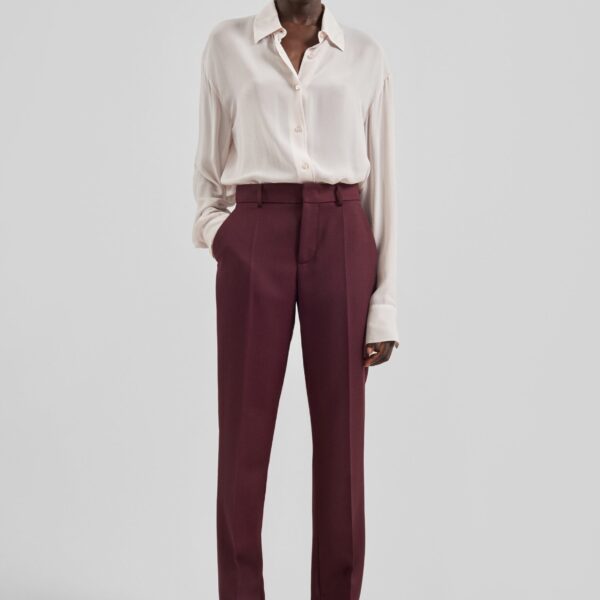 The Frankie Shop Lenora Wool Straight Trousers - Burgundy - Oversized Minimalist Pants in Red - Shop at Coveti