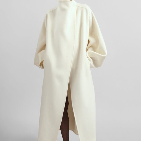 The Frankie Shop Leroy Funnel Neck Wool Coat - White - Oversized Minimalist Coats in White - Shop at Coveti