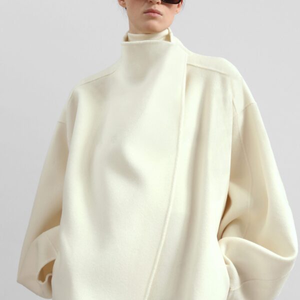 The Frankie Shop Leroy Funnel Neck Wool Coat - White - Oversized Minimalist Coats in White - Shop at Coveti