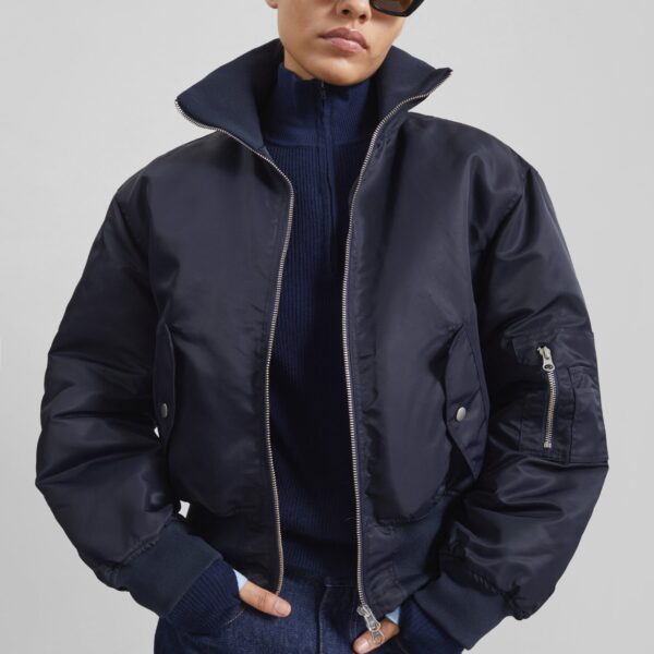 The Frankie Shop Maloy Cropped Bomber Jacket - Navy - Oversized Minimalist Jackets in Blue - Shop at Coveti