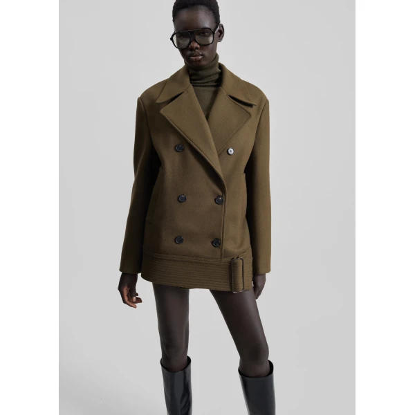 The Frankie Shop Manali Belted Peacoat – Olive Brown Coat, view 2
