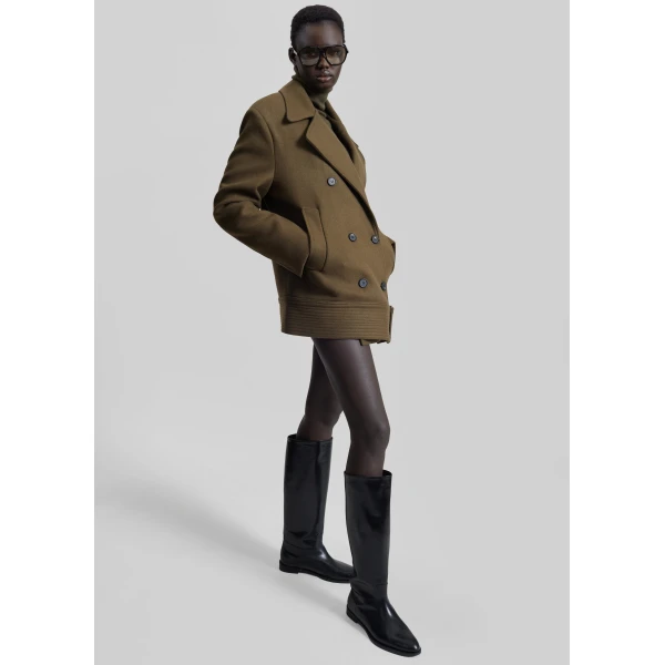 The Frankie Shop Manali Belted Peacoat – Olive Brown Coat, view 4