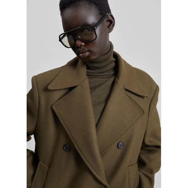 The Frankie Shop Manali Belted Peacoat – Olive Brown Coat, view 5