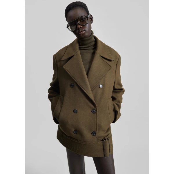 The Frankie Shop Manali Belted Peacoat – Olive Brown Coat, view 6