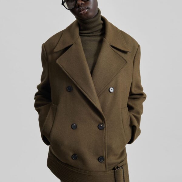 The Frankie Shop Manali Belted Peacoat - Olive Brown - Oversized Minimalist Coats in Green - Shop at Coveti