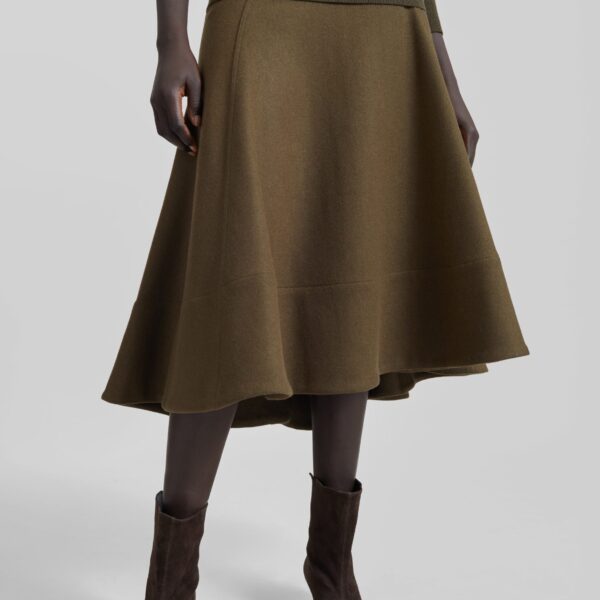 The Frankie Shop Manali Flared Midi Skirt - Olive Brown - Oversized Minimalist Skirts in Green - Shop at Coveti