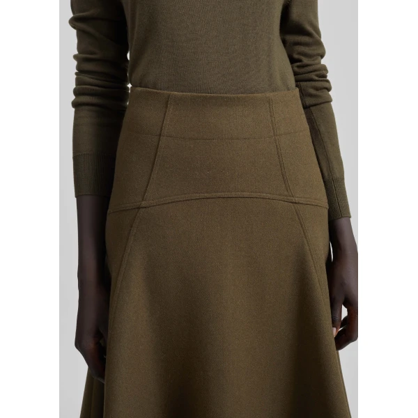 The Frankie Shop Manali Flared Midi Skirt – Olive Brown, view 4