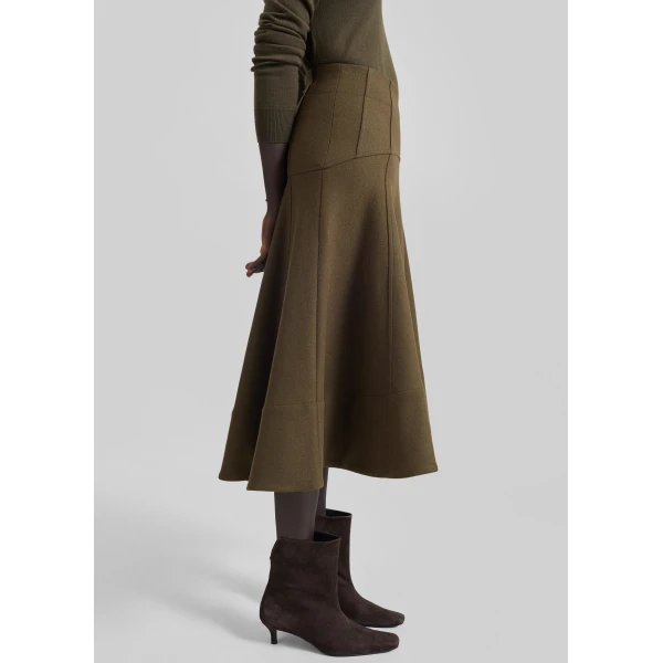The Frankie Shop Manali Flared Midi Skirt – Olive Brown, view 6