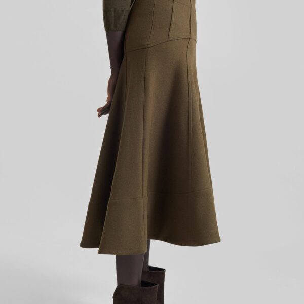 The Frankie Shop Manali Flared Midi Skirt - Olive Brown - Oversized Minimalist Skirts in Green - Shop at Coveti