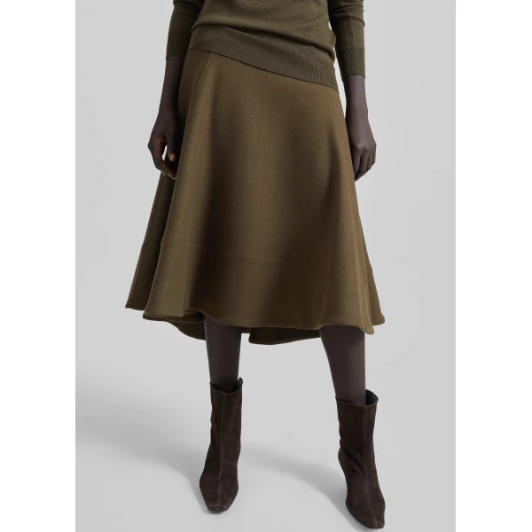 The Frankie Shop Manali Flared Midi Skirt – Olive Brown, view 8