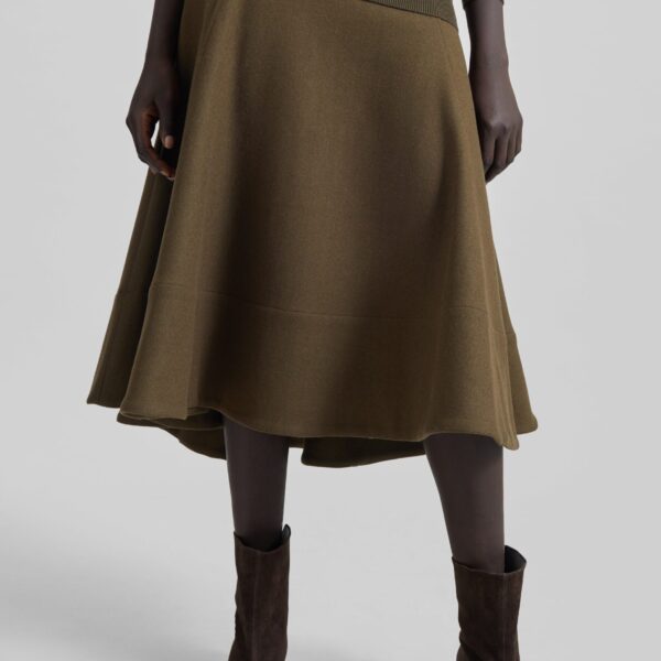 The Frankie Shop Manali Flared Midi Skirt - Olive Brown - Oversized Minimalist Skirts in Green - Shop at Coveti