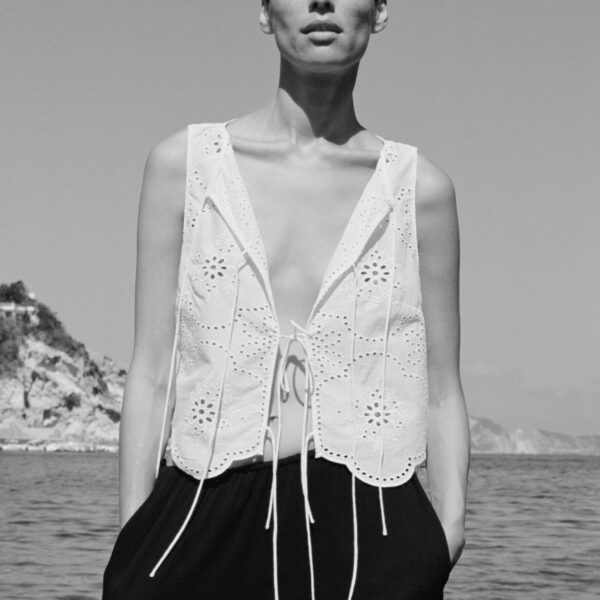 The Frankie Shop Matteau Broderie Tie Blouse - White - Oversized Minimalist Knitwear in White - Shop at Coveti