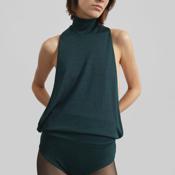 The Frankie Shop Maxen Mock Neck Bodysuit - Deep Green - Oversized Minimalist Knitwear in Green - Shop at Coveti