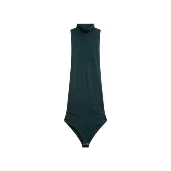 The Frankie Shop Maxen Mock Neck Bodysuit - Deep Green - Oversized Minimalist Knitwear in Green - Shop at Coveti