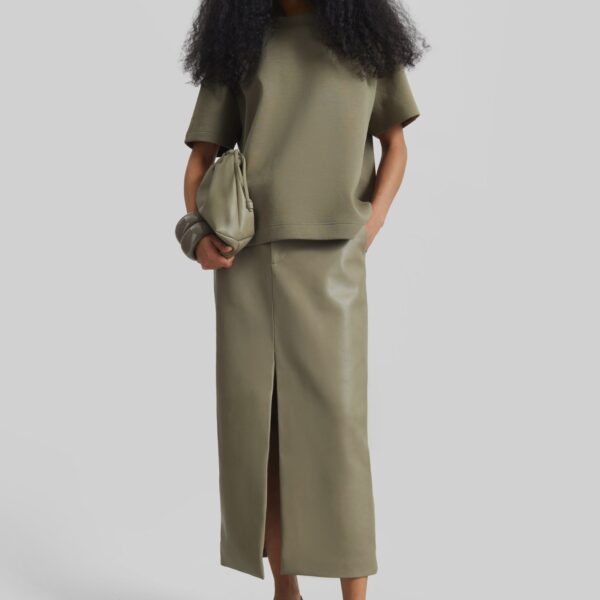 The Frankie Shop Maybelle Faux Leather Front Slit Pencil Skirt - Sage - Oversized Minimalist Skirts in Green - Shop at Coveti