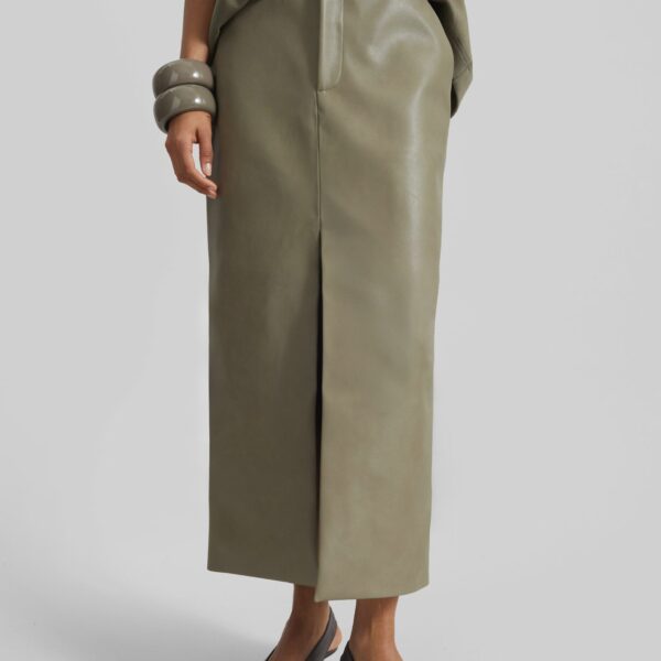 The Frankie Shop Maybelle Faux Leather Front Slit Pencil Skirt - Sage - Oversized Minimalist Skirts in Green - Shop at Coveti