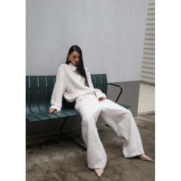 The Frankie Shop Melker Furry Pants - Off White - Oversized Minimalist Pants in White - Shop at Coveti
