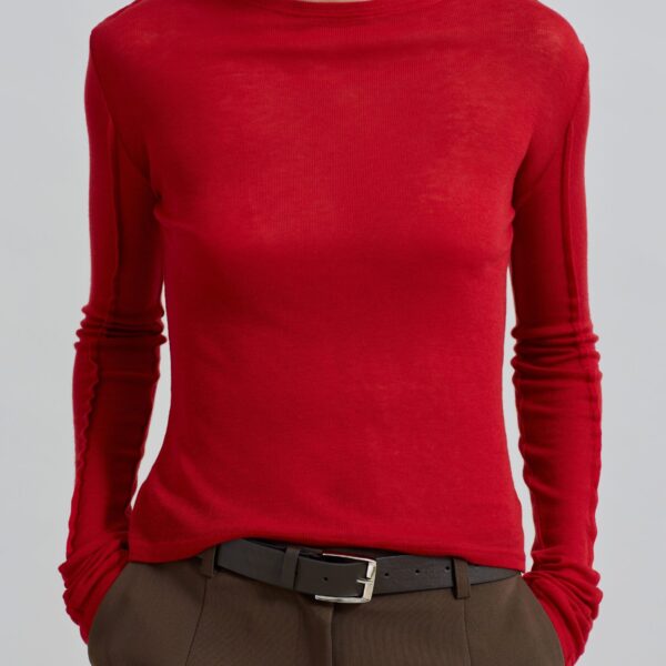 The Frankie Shop Mesa Sheer Long Sleeve Tee - Red - Oversized Minimalist Tops in Red - Shop at Coveti