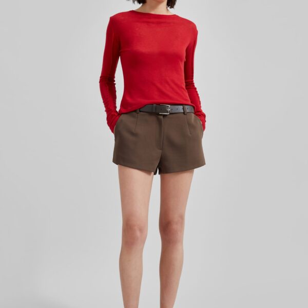The Frankie Shop Mesa Sheer Long Sleeve Tee - Red - Oversized Minimalist Tops in Red - Shop at Coveti
