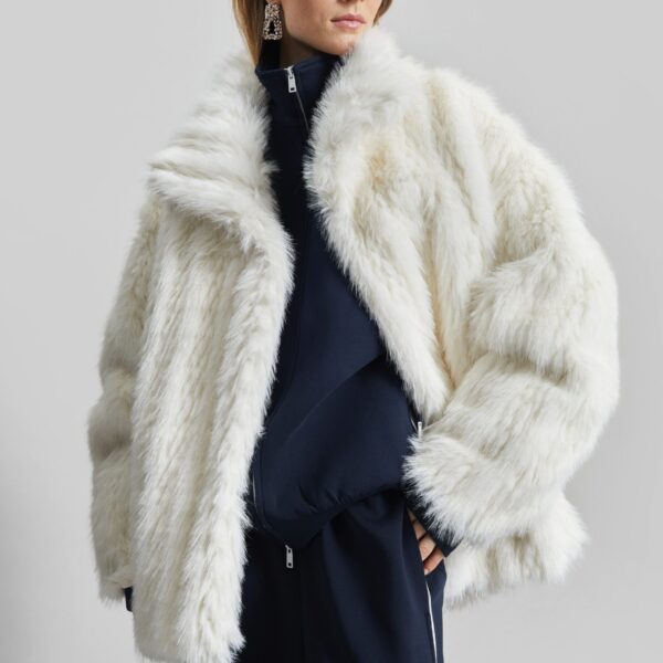 The Frankie Shop Mortisa Faux Fur Belted Short Coat - Off White - Oversized Minimalist Coats in White - Shop at Coveti