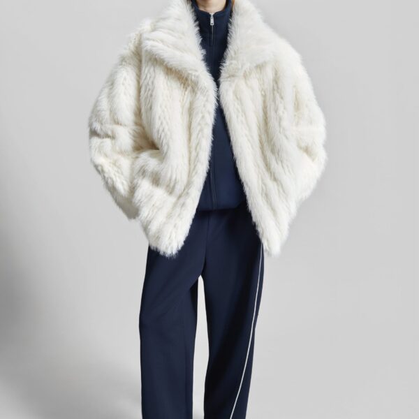 The Frankie Shop Mortisa Faux Fur Belted Short Coat - Off White - Oversized Minimalist Coats in White - Shop at Coveti