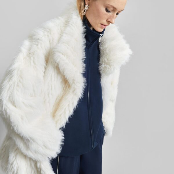 The Frankie Shop Mortisa Faux Fur Belted Short Coat - Off White - Oversized Minimalist Coats in White - Shop at Coveti