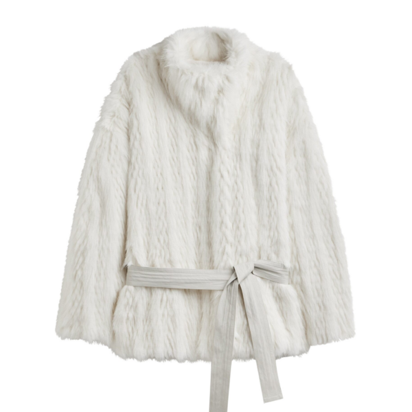 The Frankie Shop Mortisa Faux Fur Belted Short Coat - Off White - Oversized Minimalist Coats in White - Shop at Coveti