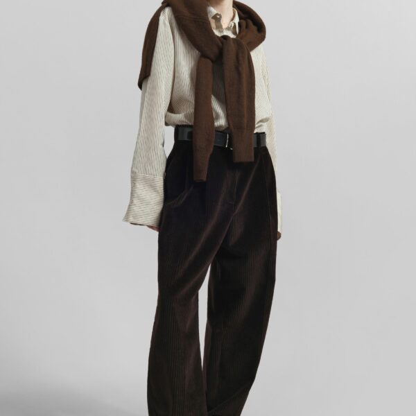 The Frankie Shop Norstrand Pleated Corduroy Trousers - Dark Brown - Oversized Minimalist Pants in Brown - Shop at Coveti
