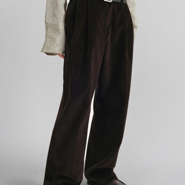 The Frankie Shop Norstrand Pleated Corduroy Trousers - Dark Brown - Oversized Minimalist Pants in Brown - Shop at Coveti