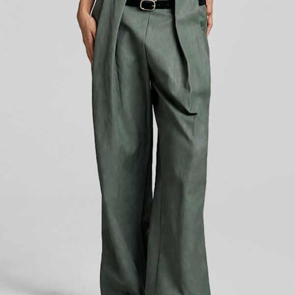 The Frankie Shop Olivet Faux Leather Trousers - Moss Green - Oversized Minimalist Pants in Green - Shop at Coveti