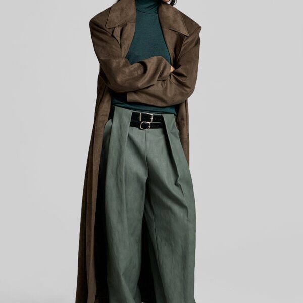 The Frankie Shop Olivet Faux Leather Trousers - Moss Green - Oversized Minimalist Pants in Green - Shop at Coveti