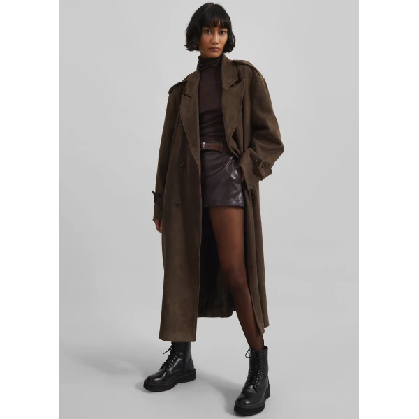 The Frankie Shop Peoria Faux Suede Trench Coat – Brown, view 2