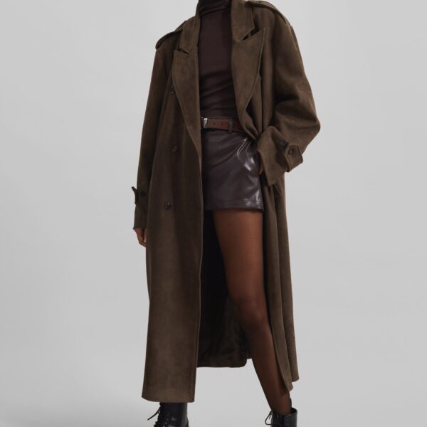 The Frankie Shop Peoria Faux Suede Trench Coat - Brown - Oversized Minimalist Coats in Brown - Shop at Coveti