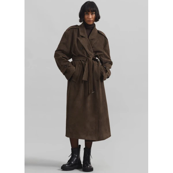 The Frankie Shop Peoria Faux Suede Trench Coat – Brown, view 3