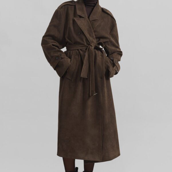 The Frankie Shop Peoria Faux Suede Trench Coat - Brown - Oversized Minimalist Coats in Brown - Shop at Coveti