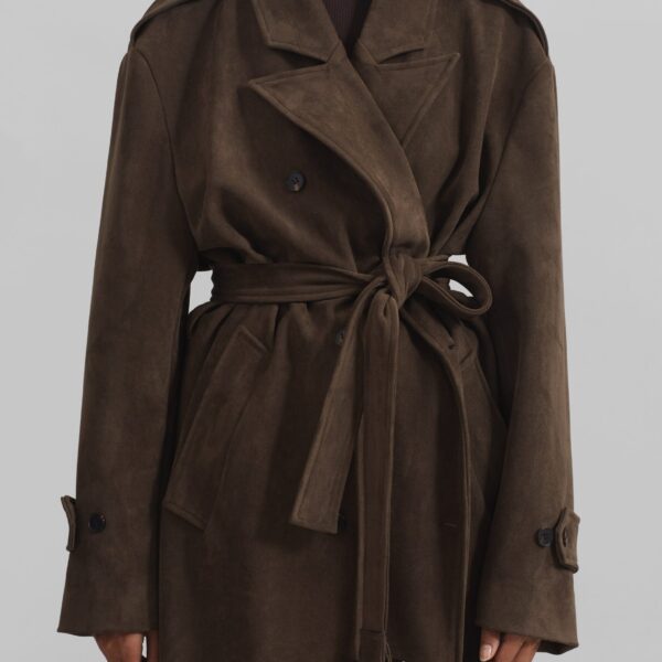 The Frankie Shop Peoria Faux Suede Trench Coat - Brown - Oversized Minimalist Coats in Brown - Shop at Coveti