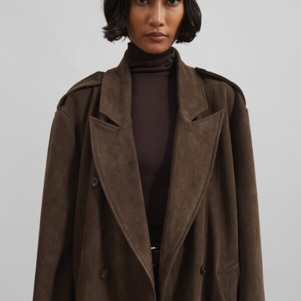 The Frankie Shop Peoria Faux Suede Trench Coat - Brown - Oversized Minimalist Coats in Brown - Shop at Coveti
