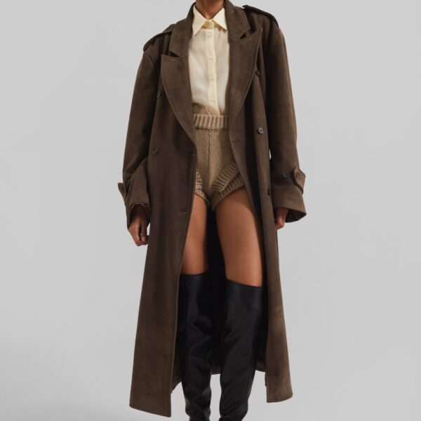 The Frankie Shop Peoria Faux Suede Trench Coat - Brown - Oversized Minimalist Coats in Brown - Shop at Coveti