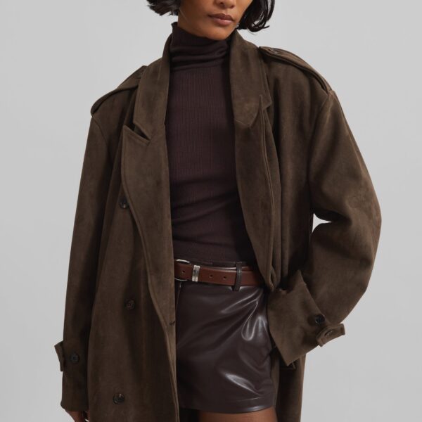 The Frankie Shop Peoria Faux Suede Trench Coat - Brown - Oversized Minimalist Coats in Brown - Shop at Coveti