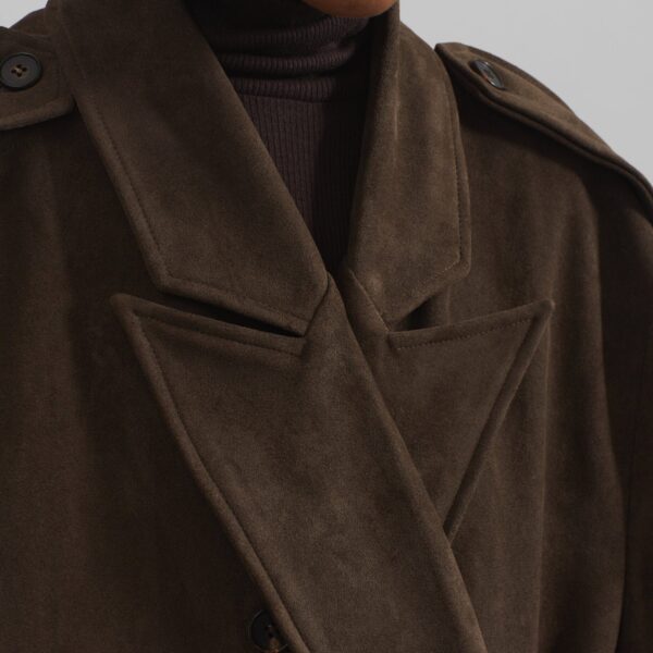 The Frankie Shop Peoria Faux Suede Trench Coat - Brown - Oversized Minimalist Coats in Brown - Shop at Coveti