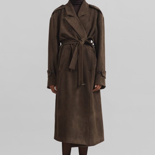 The Frankie Shop Peoria Faux Suede Trench Coat - Brown - Oversized Minimalist Coats in Brown - Shop at Coveti