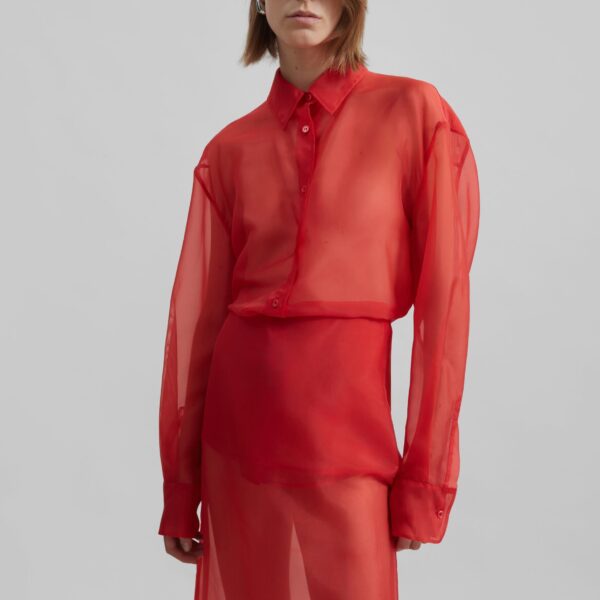 The Frankie Shop Peri Sheer Shirt - Red - Oversized Minimalist Tops in Red - Shop at Coveti