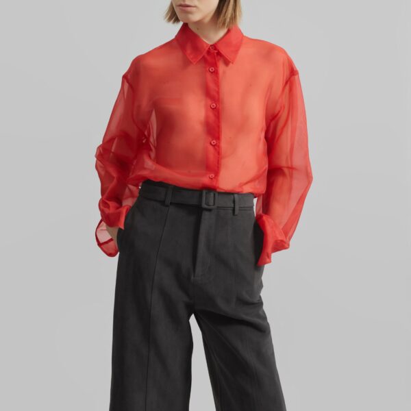 The Frankie Shop Peri Sheer Shirt - Red - Oversized Minimalist Tops in Red - Shop at Coveti
