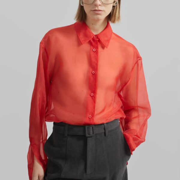 The Frankie Shop Peri Sheer Shirt - Red - Oversized Minimalist Tops in Red - Shop at Coveti