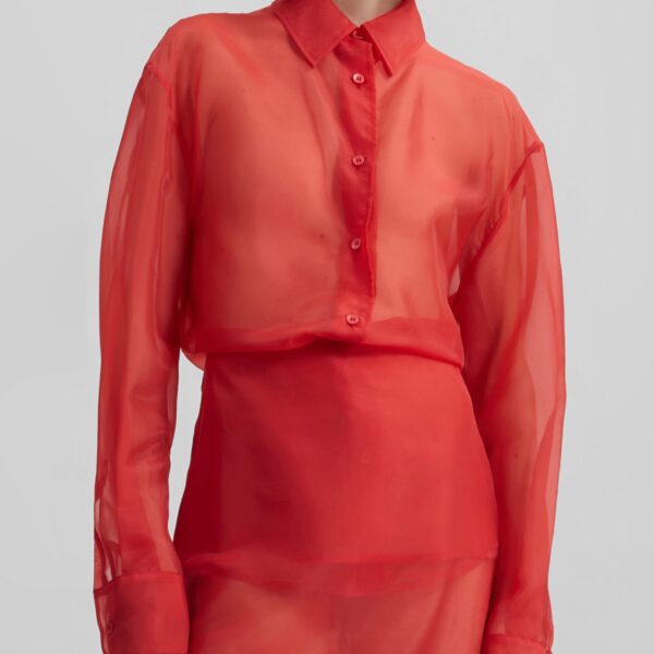 The Frankie Shop Peri Sheer Shirt - Red - Oversized Minimalist Tops in Red - Shop at Coveti