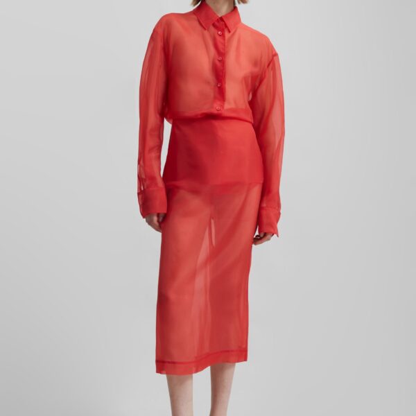 The Frankie Shop Peri Sheer Shirt - Red - Oversized Minimalist Tops in Red - Shop at Coveti