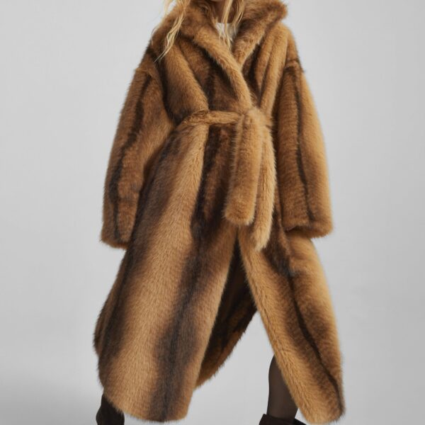 The Frankie Shop Ravello Faux Fur Robe Coat - Beige/Brown - Oversized Minimalist Coats in Brown - Shop at Coveti